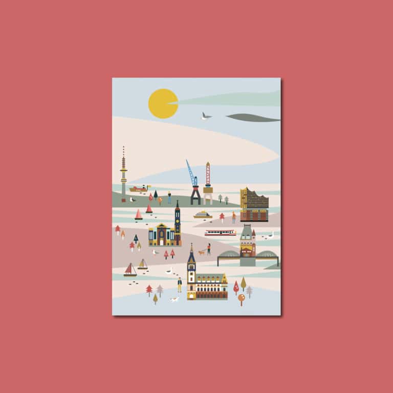 Illustrierte Hamburg-Karte von Saskia Rasink mit Hafen, Kränen und Elbphilharmonie