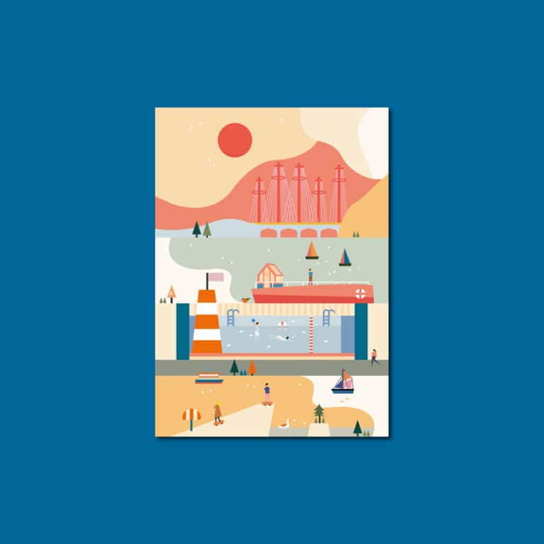Illustrierte Kopenhagen-Karte von Saskia Rasink mit Hafenbad, Kränen und roter Sonne