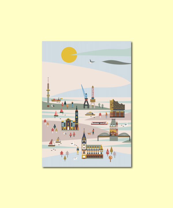 Ankerwechsel "Hamburg illustriert" Postkarte auf gelbem Hintergrund von Saskia Rasink
