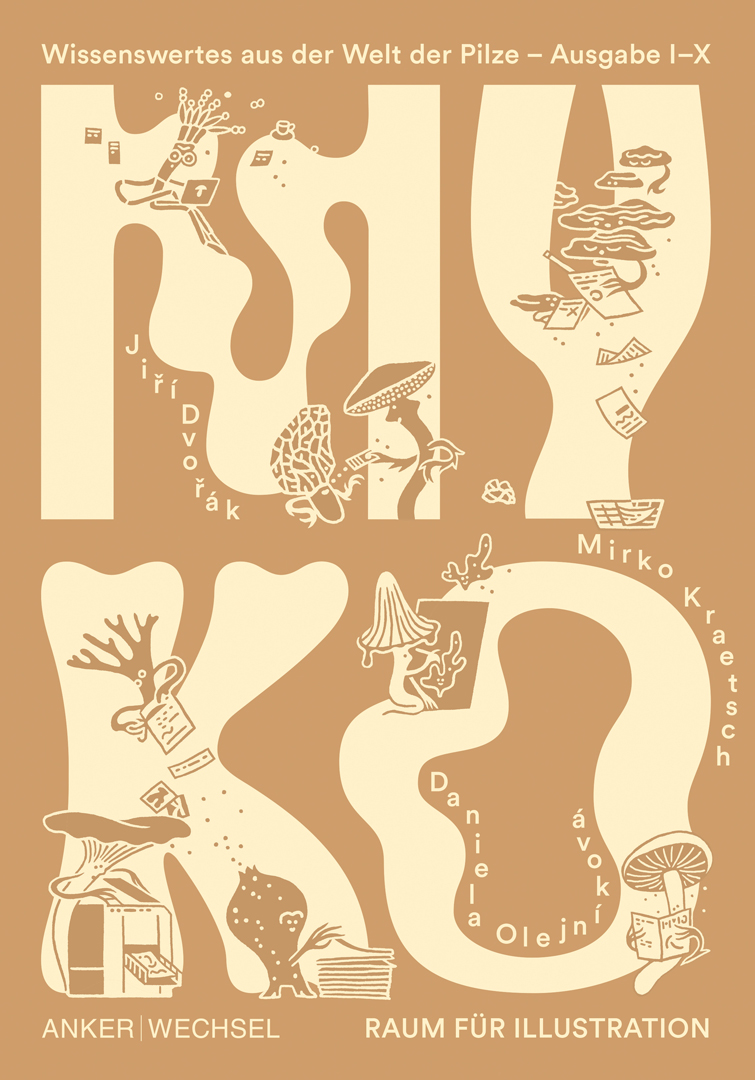 Cover von Myko: die hellen Buchstaben MY und KO auf ockerfarbenem Grund, gefüllt mit Illustrationen von Pilz-Figuren.