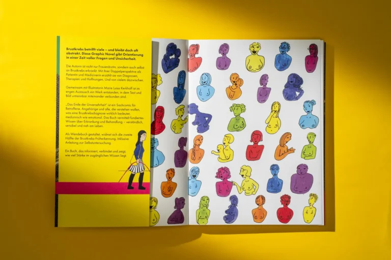 Aufgeschlagenes Buch: links der gelbe Klappentext, rechts viele bunt gezeichnete Oberkörper in Rot, Blau, Gelb und Grün.
