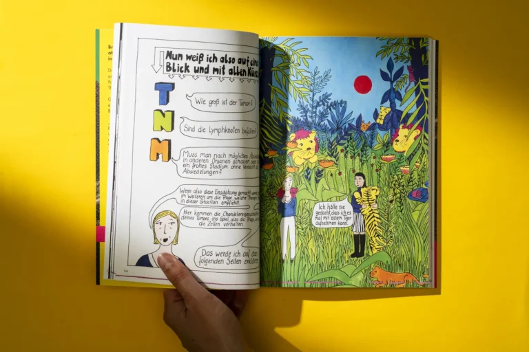 Aufgeschlagenes Buch: links die Erklärung der TNM-Klassifikation, rechts ein gezeichneter Dschungel mit Tigern und Katzen zwischen Pflanzen.