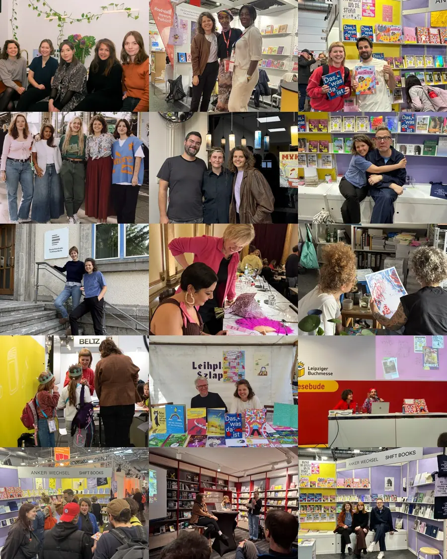 Fünfzehn Fotos aus neun Jahren Ankerwechsel Verlag: Autor*innen und Illustrator*innen bei Lesungen, Signierstunden, Workshops und auf Messeständen