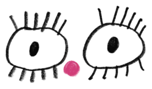 Zwei große gezeichnete Augen mit Wimpern und einer pinken Nase dazwischen, aus „Omas Ohren können nicht hören“.