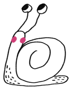 Schnecke mit langen Fühlern, gepunktetem Fuß und pinken Wangen, schwarze Strichzeichnung aus „Omas Ohren können nicht hören“.