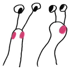 Zwei Schnecken mit langen Fühlern und pinken Wangen nebeneinander, schwarze Strichzeichnung aus „Omas Ohren können nicht hören“.