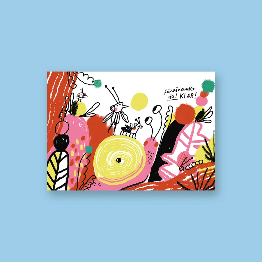 Postkarte quer mit bunten Pflanzen, Insekten und dem Spruch „Füreinander da! Klar!“