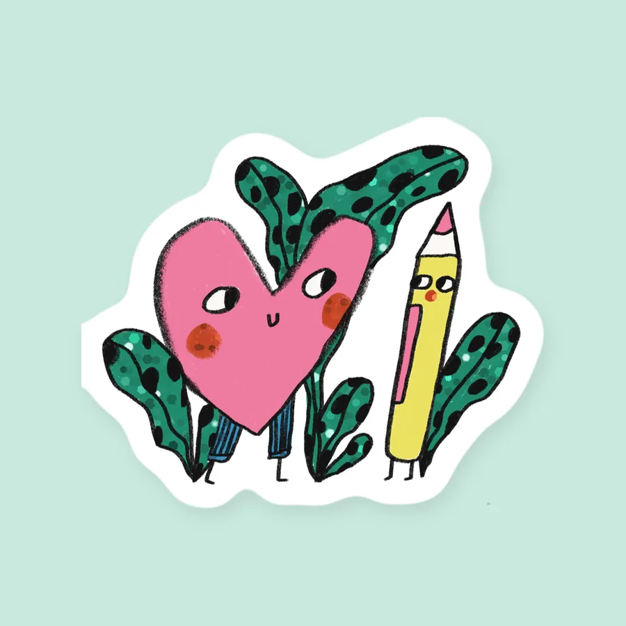 Glitzernder Vinyl-Sticker: ein rosa Herz mit Augen, ein gelber Bleistift und glitzernde Blätter