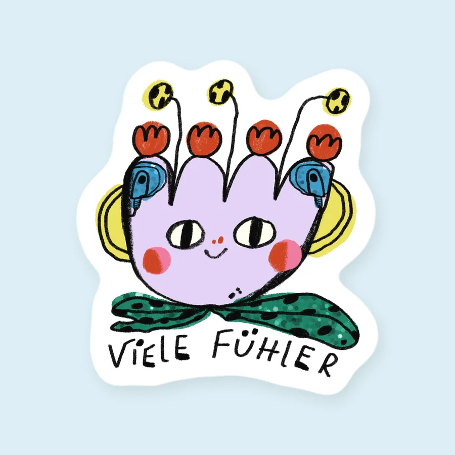 Glitzernder Vinyl-Sticker „Viele Fühler“: ein lila Wesen mit Fühlern, roten Blüten und zwei Cochlea-Implantaten