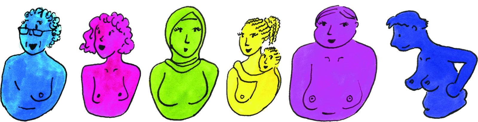 Sechs gezeichnete Oberkörper in verschiedenen Farben, Körperformen und Alter, eine Person mit Kopftuch, eine mit Kind